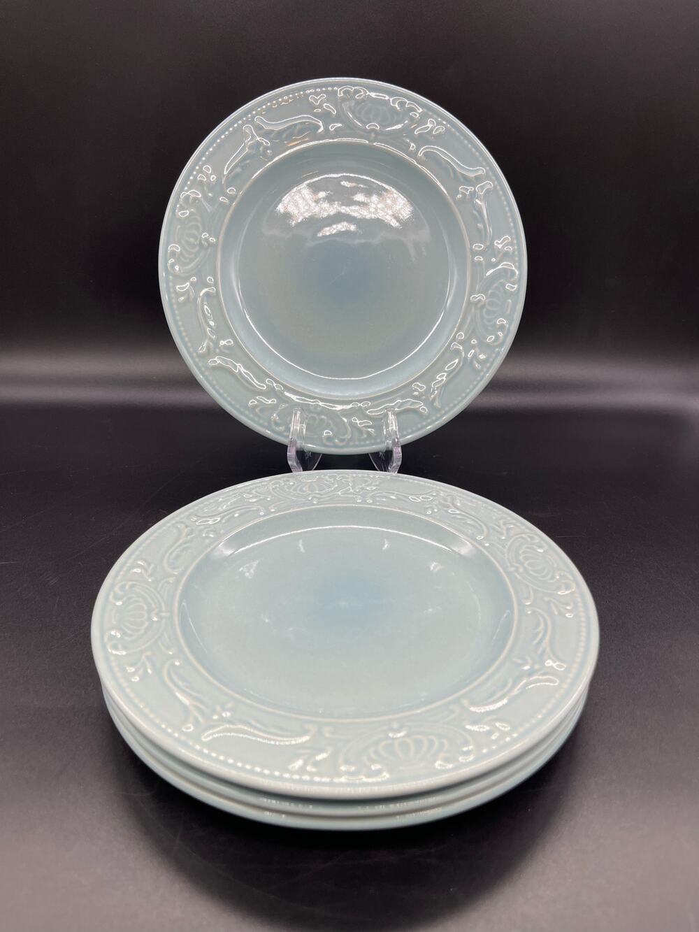 Thomson Pottery Rare Vera Haze Blue Embossed Scroll Set of 4 Salad Plates 8"